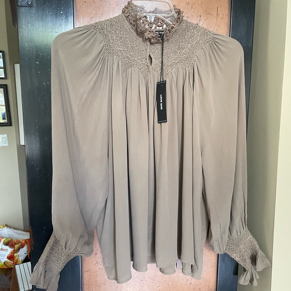 NWT Love Sam sz M Silk Tan Boho Blouse